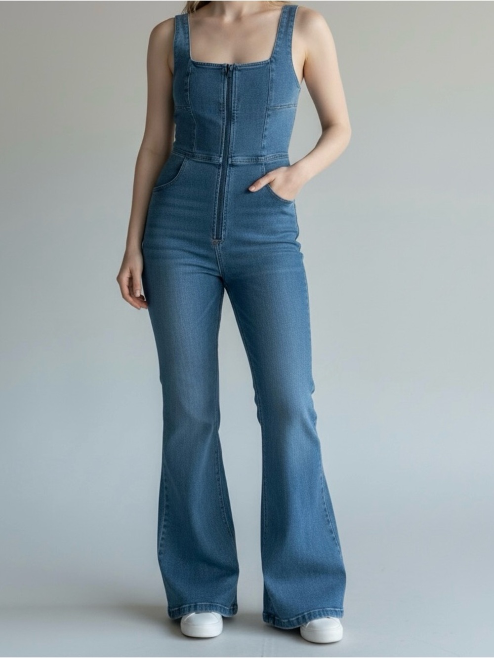 emory park Blue Denim Flare Jumpsuit